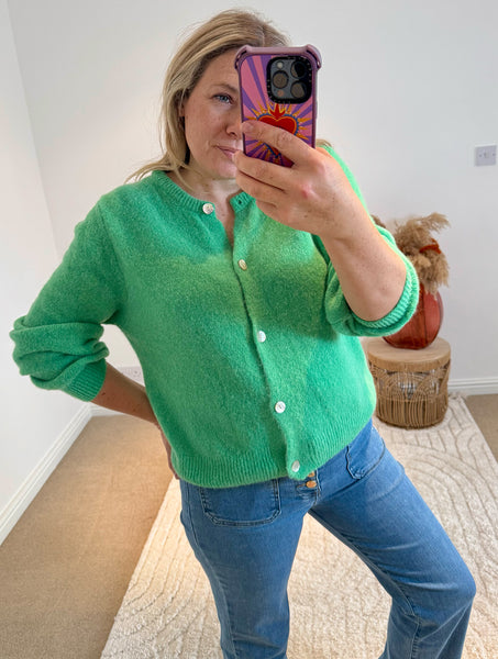 Soft Alpaca Wool Mix Round Neck Cardigan | Soft Green