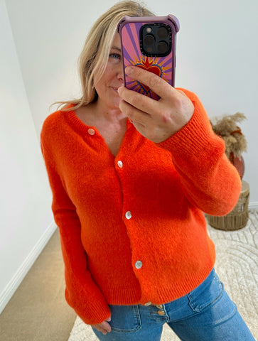 Soft Alpaca Wool Mix Round Neck Cardigan | Bright Orange