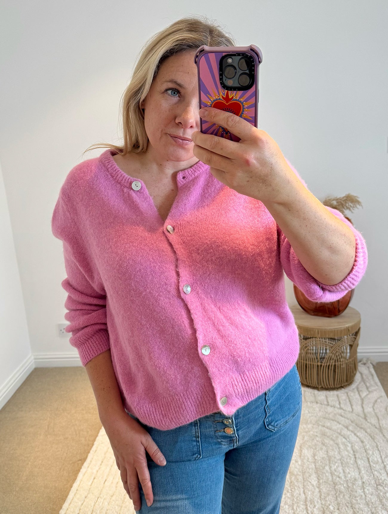 Soft Alpaca Wool Mix Round Neck Cardigan | Pink