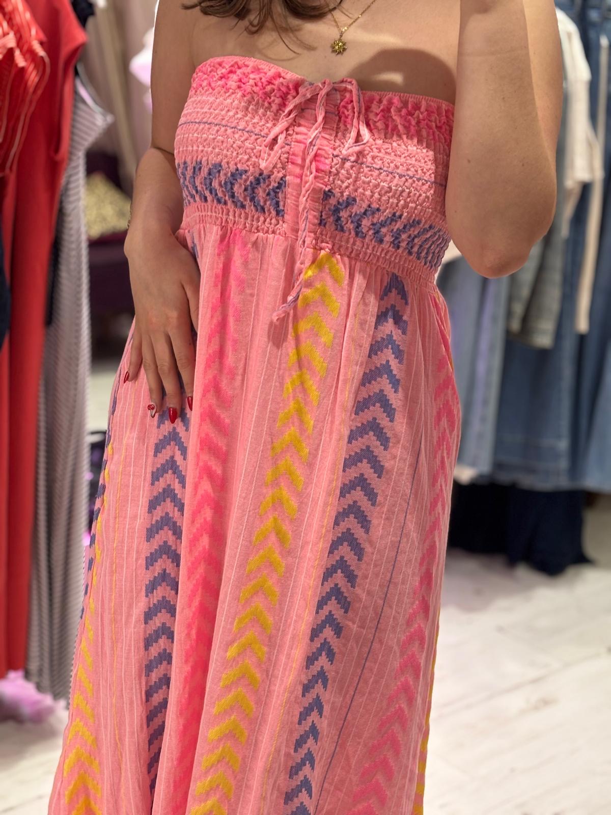 Geometric Print Boho Bandeau Dress | Coral Multi