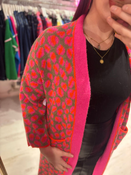 Bright Leopard Print Long Cardigan | Khaki Multi