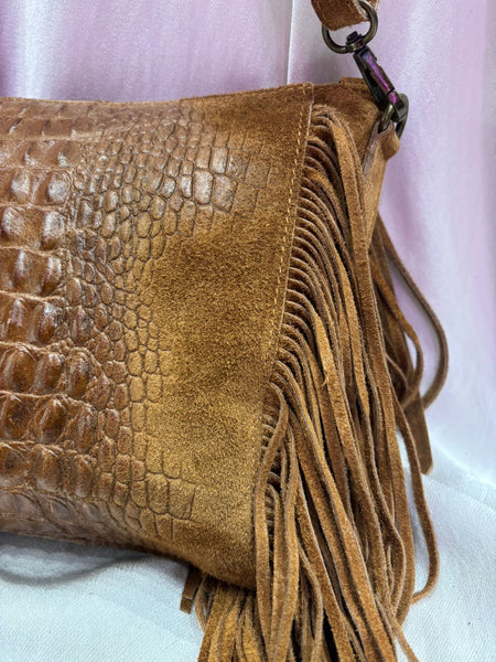Leather Croc Detail Suede Tassel Crossbody Bag | Tan