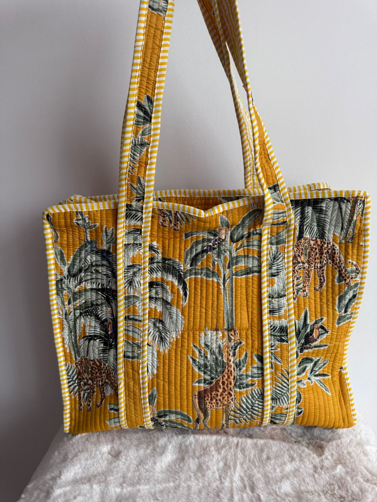 Boho Cotton Quilted Large Tote Bag | Mustard Wild Animal