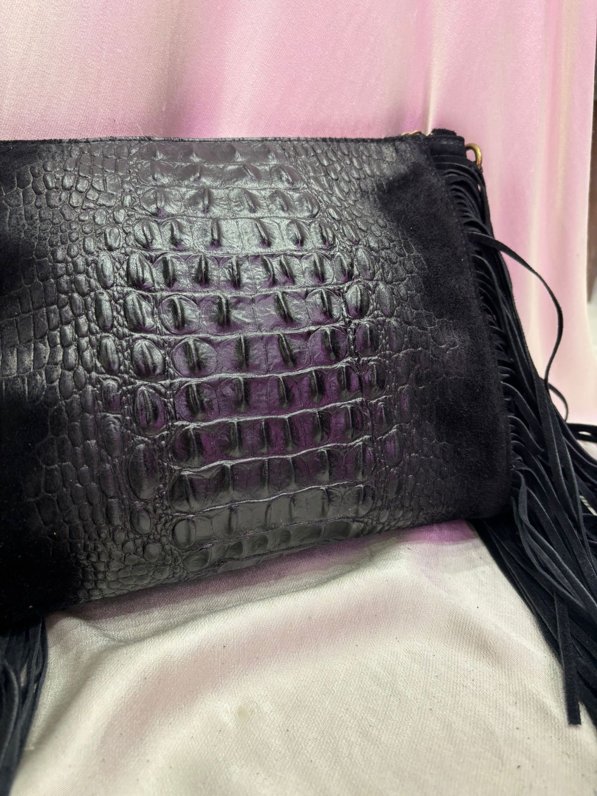Leather Croc Detail Suede Tassel Crossbody Bag | Black