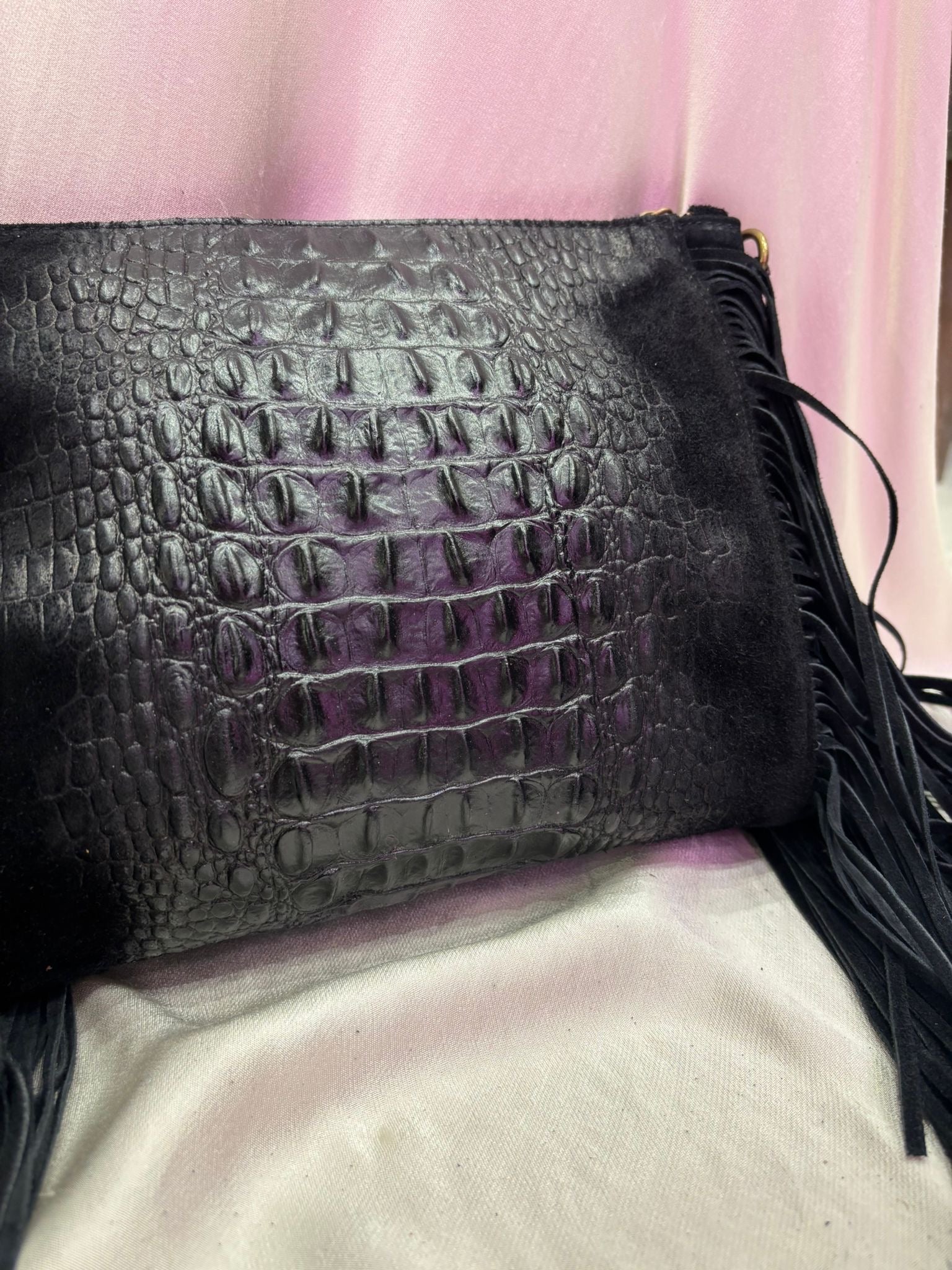 Leather Croc Detail Suede Tassel Crossbody Bag | Black