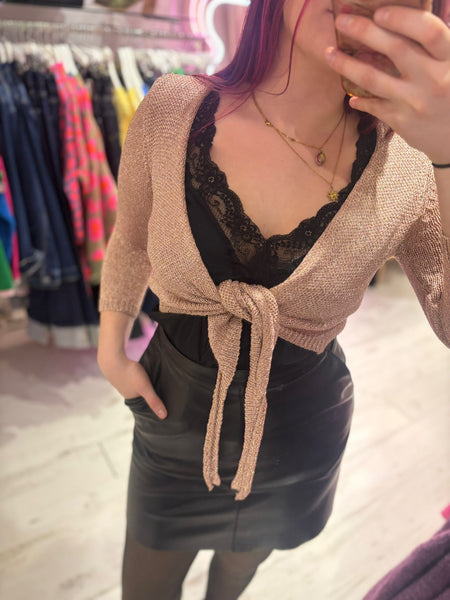 Metallic Knit Tie Front Cardigan | Rose Gold
