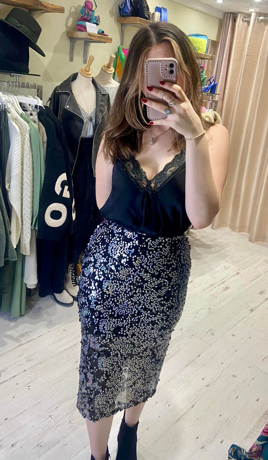 Sofia Sequin Stretch Pencil Skirt | Black/Silver