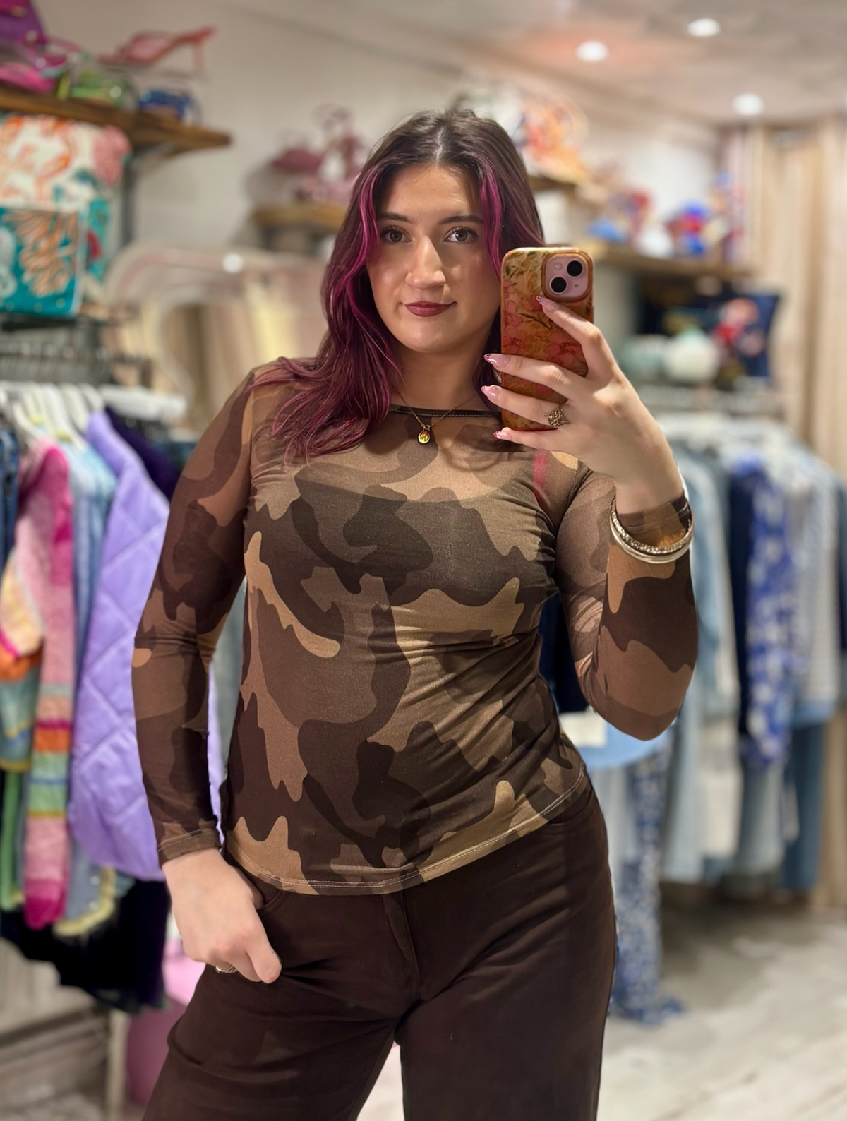 Camo Print Cashmere Blend Sheer Knit Top | Chocolate Brown