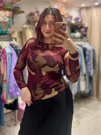 Camo Print Cashmere Blend Sheer Knit Top | Burgundy