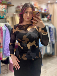 Camo Print Cashmere Blend Sheer Knit Top | Navy
