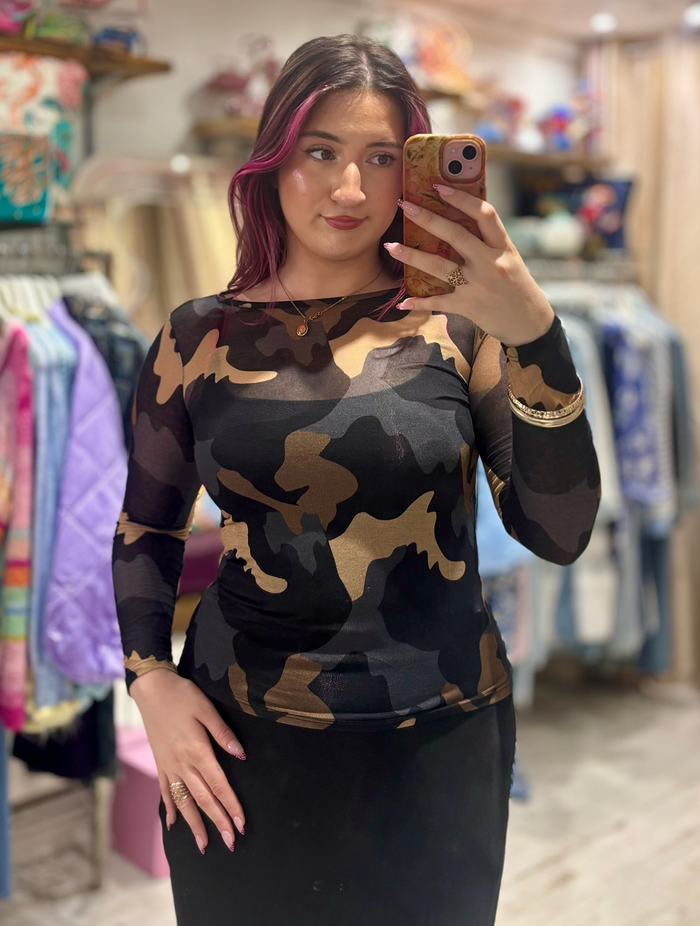 Camo Print Cashmere Blend Sheer Knit Top | Navy