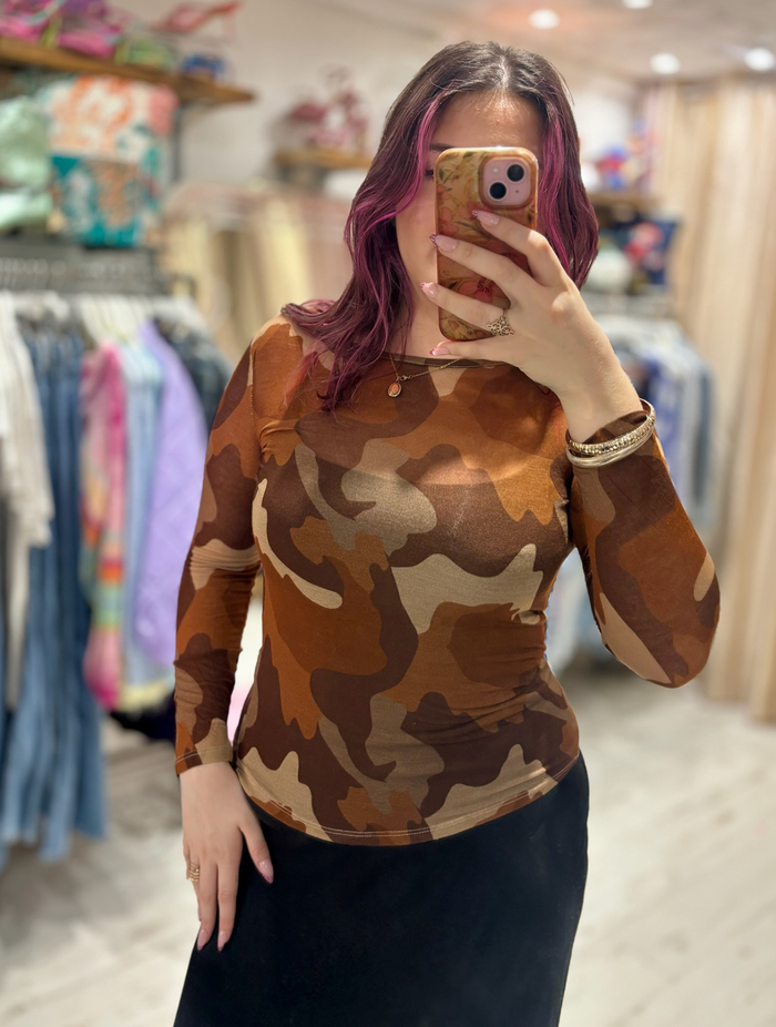 Camo Print Cashmere Blend Sheer Knit Top | Rust