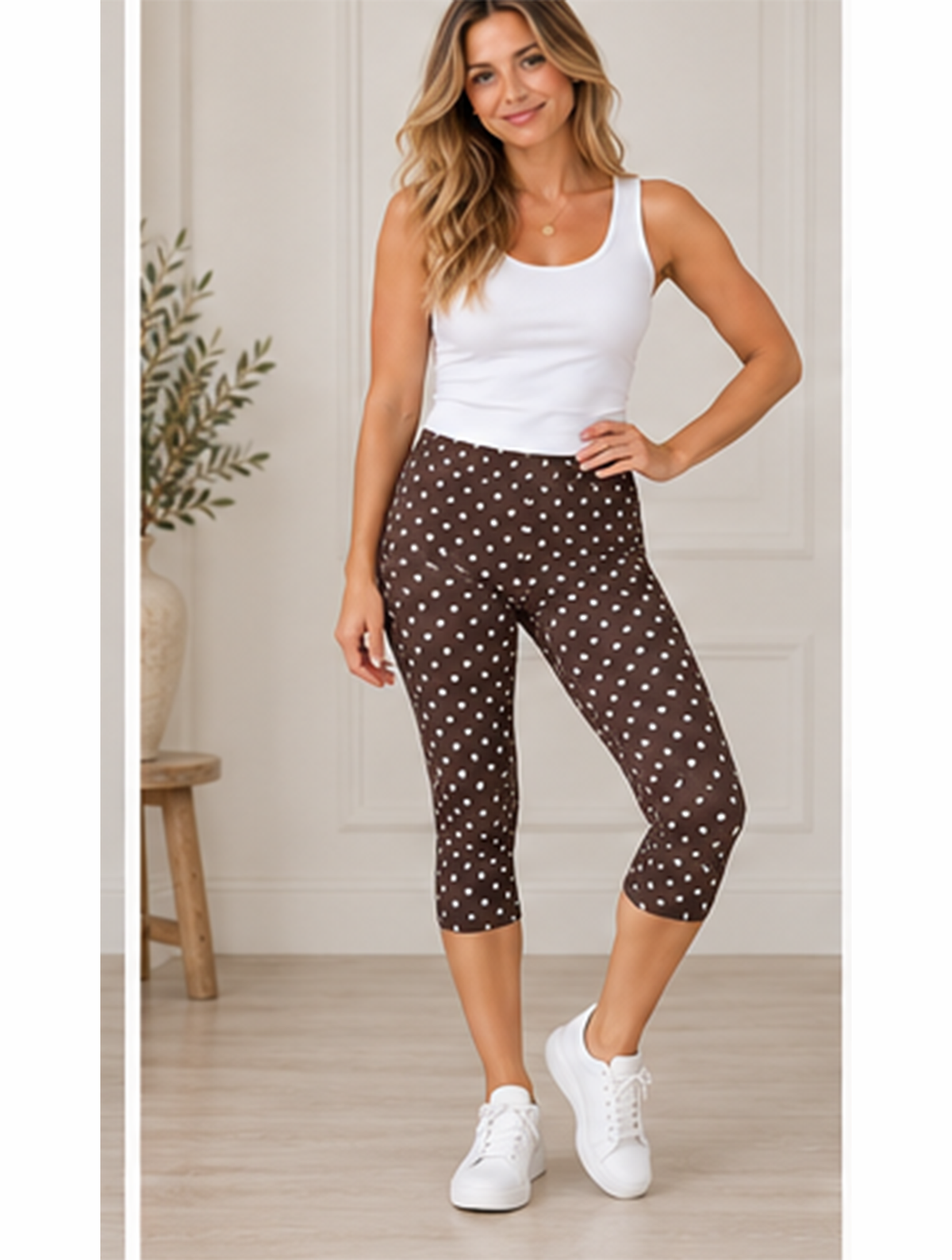 Capri Length Leggings | Chocolate/White Polka Dots