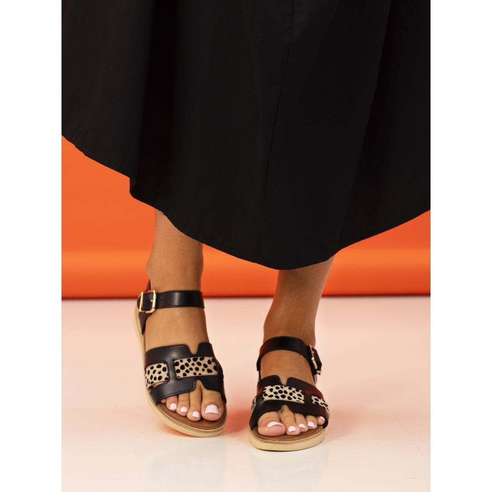 Lunar | Carla Animal Print Flat Sandal | Black