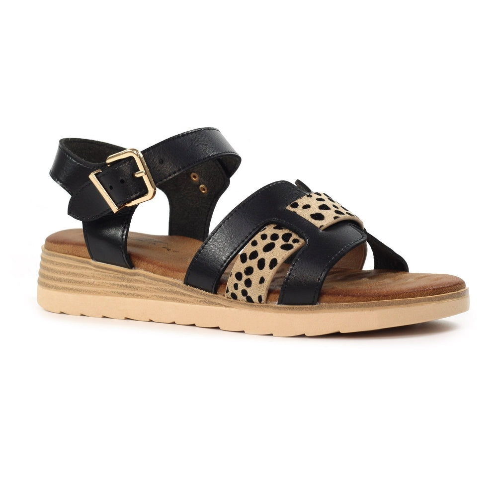 Lunar | Carla Animal Print Flat Sandal | Black