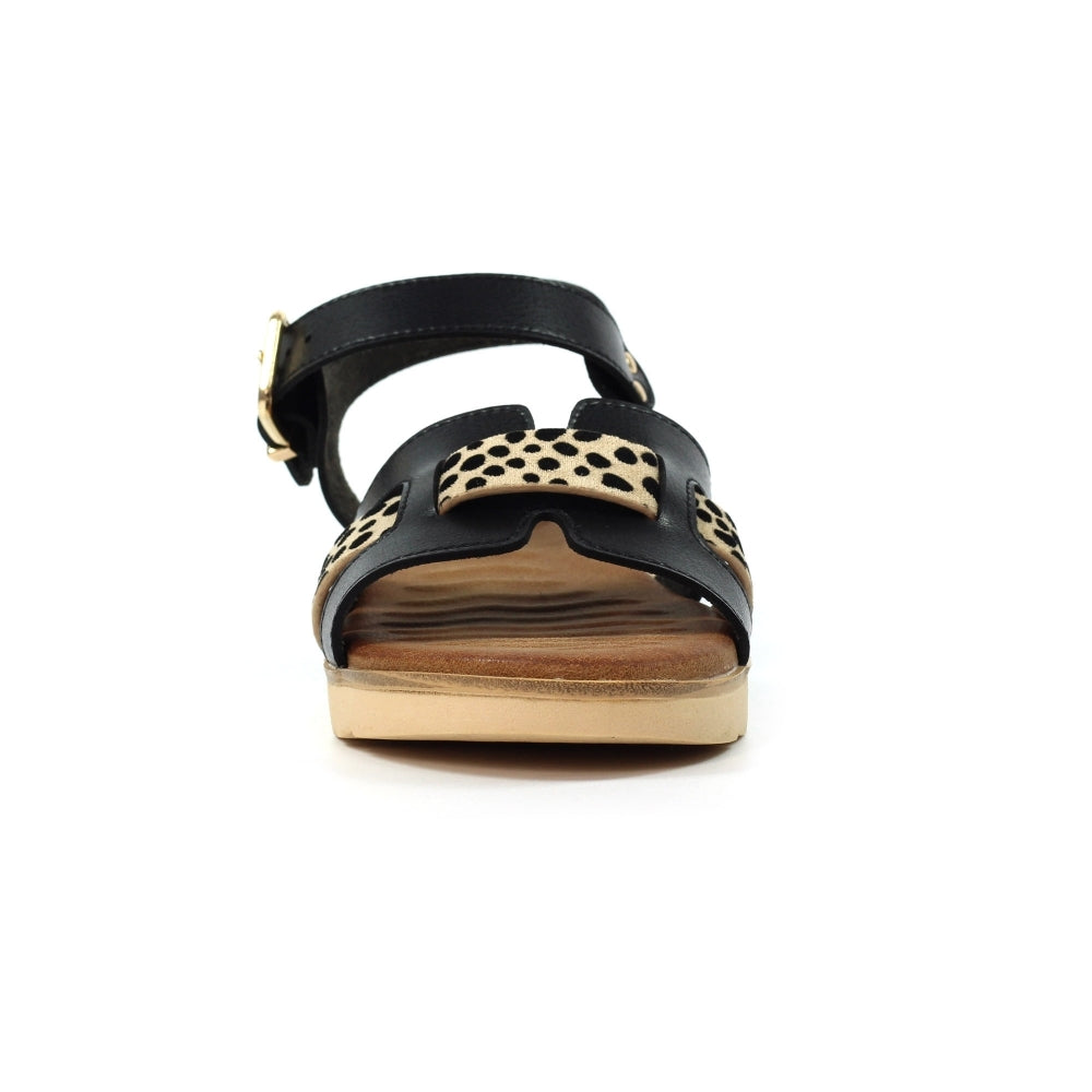 Lunar | Carla Animal Print Flat Sandal | Black