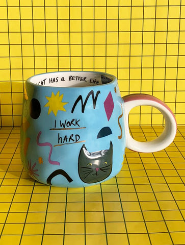 Small Talk 'I Work Hard' Cat Mug