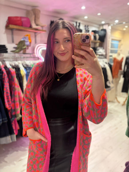 Bright Leopard Print Long Cardigan | Khaki Multi