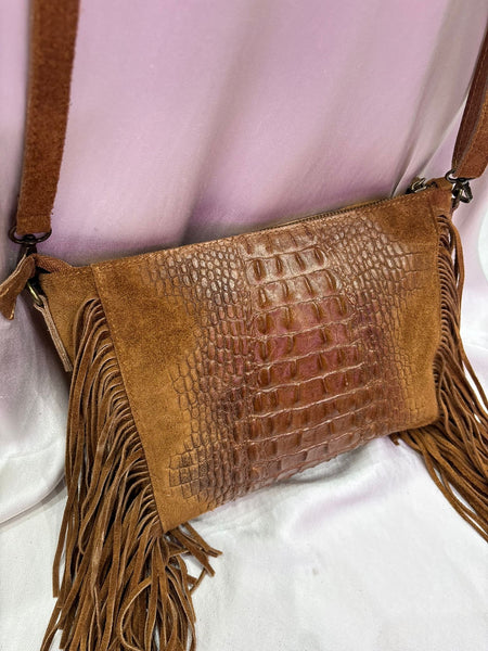 Leather Croc Detail Suede Tassel Crossbody Bag | Tan