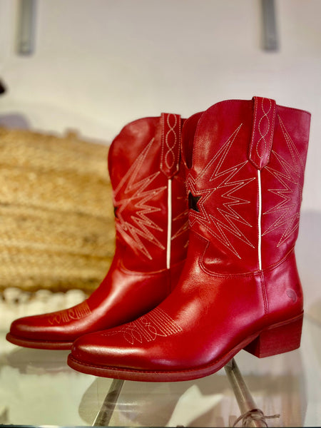 Long Leather Cowboy Boot | Red Multi