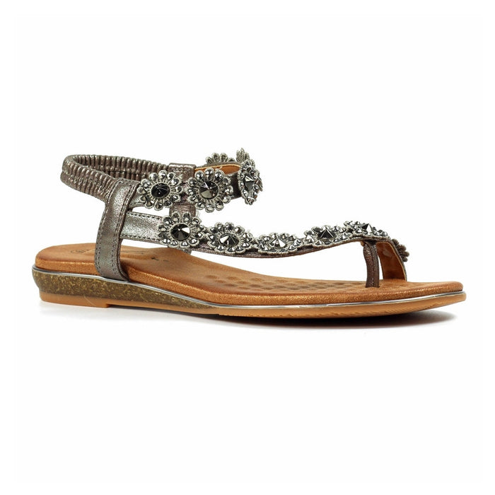 Lunar | Charlotte II Embellished Flower Sandal | Pewter