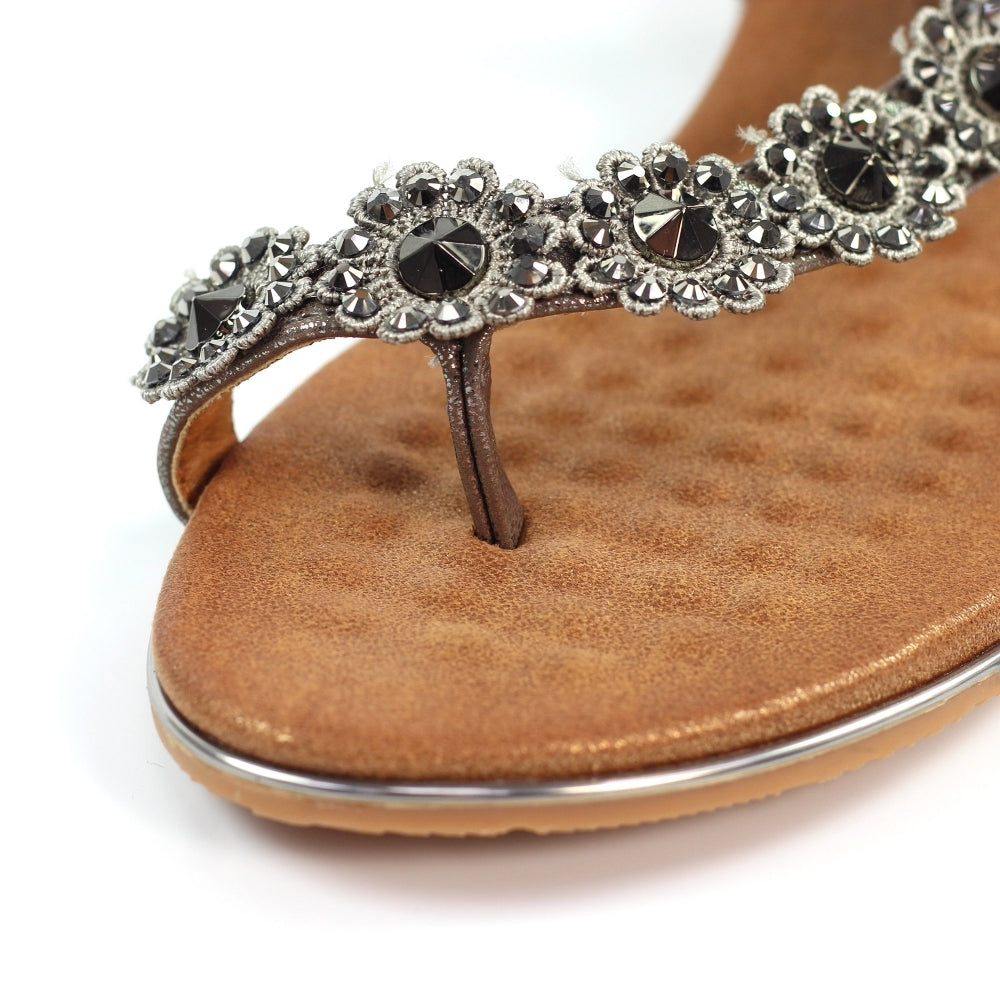 Lunar | Charlotte II Embellished Flower Sandal | Pewter