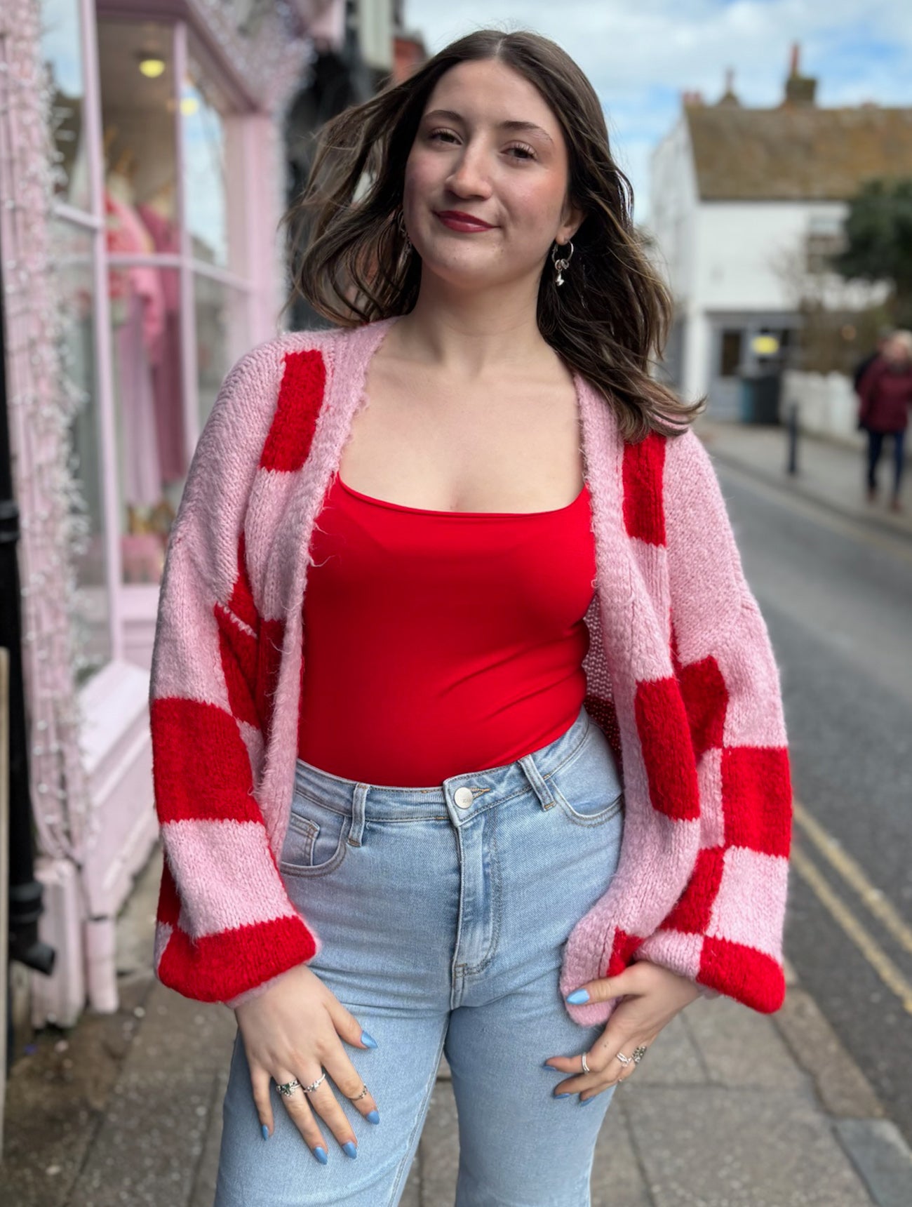 Checked Chunky Knit Open Cardigan | Red/Pink