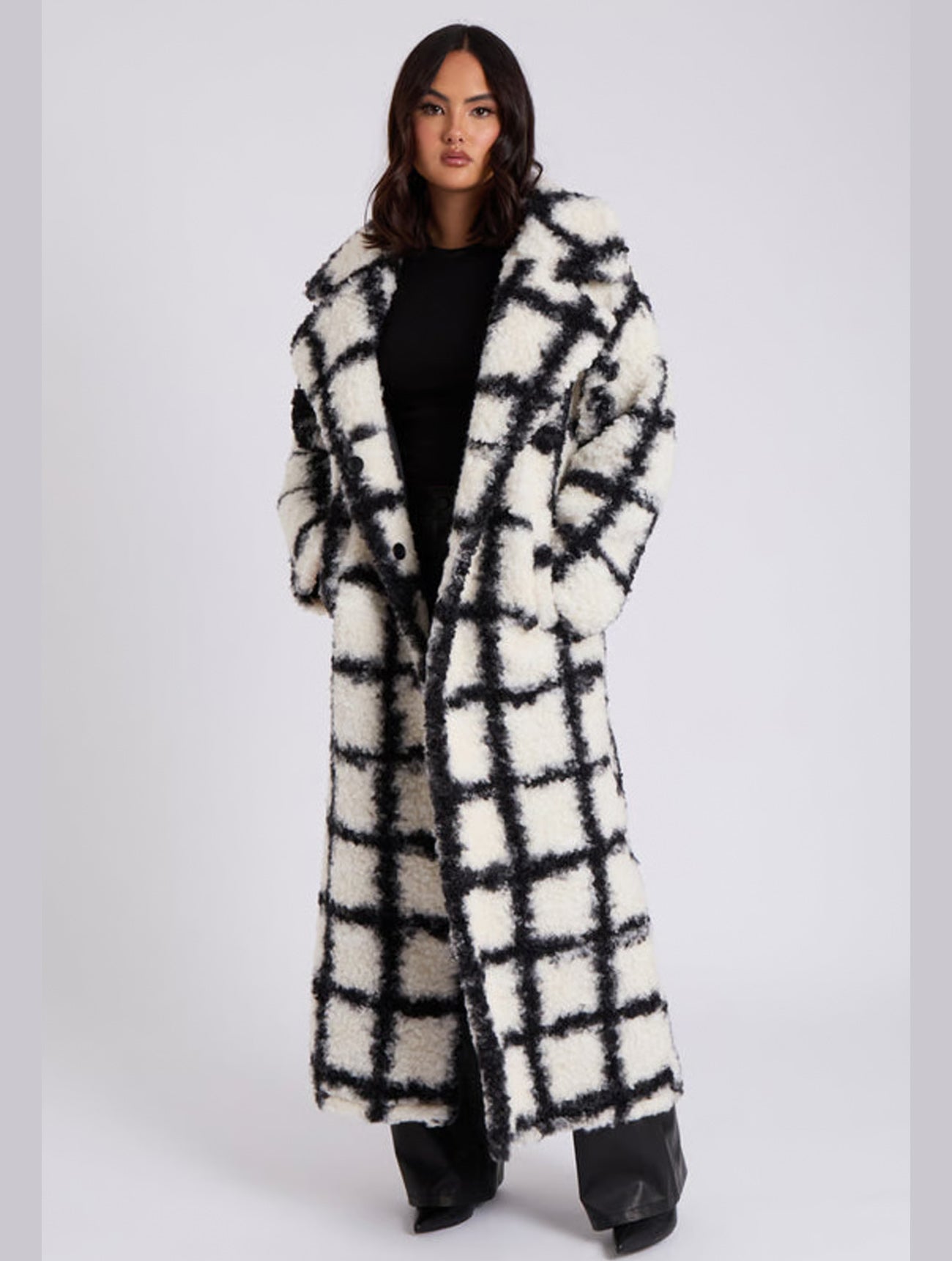 Checked Borg Longline Maxi Coat | Black and White