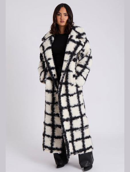 Checked Borg Longline Maxi Coat | Black and White
