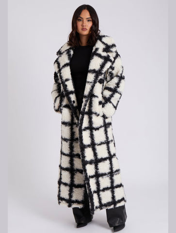 Checked Borg Longline Maxi Coat | Black and White