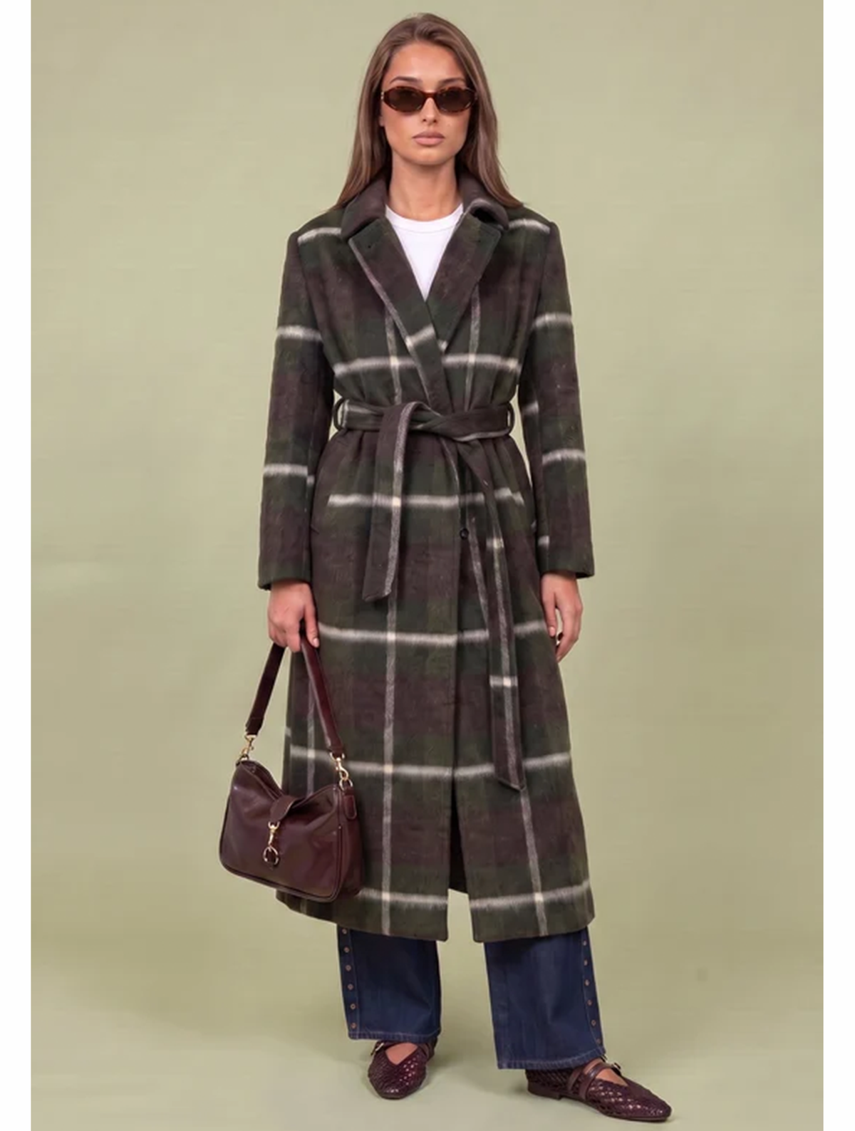 Belted Check Faux Wool Coat | Green