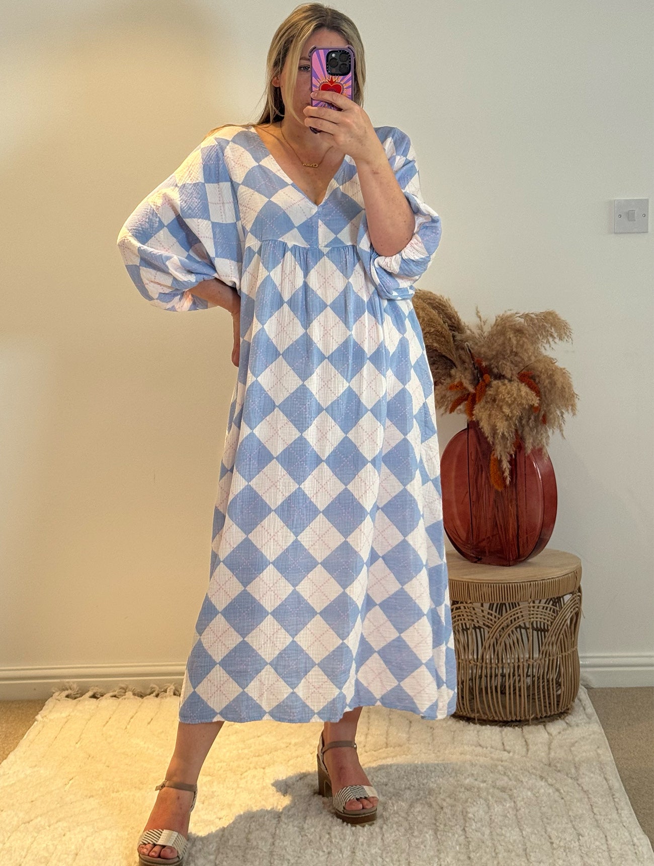 Checked Cheesecloth Long Smock Dress