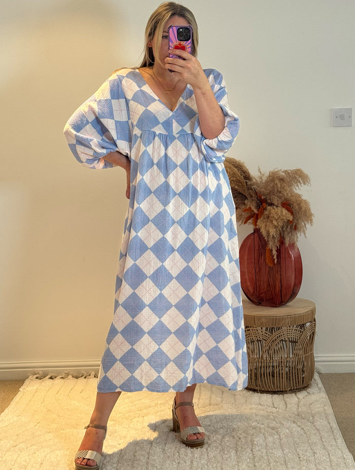 Checked Cheesecloth Long Smock Dress | Pale Blue Multi
