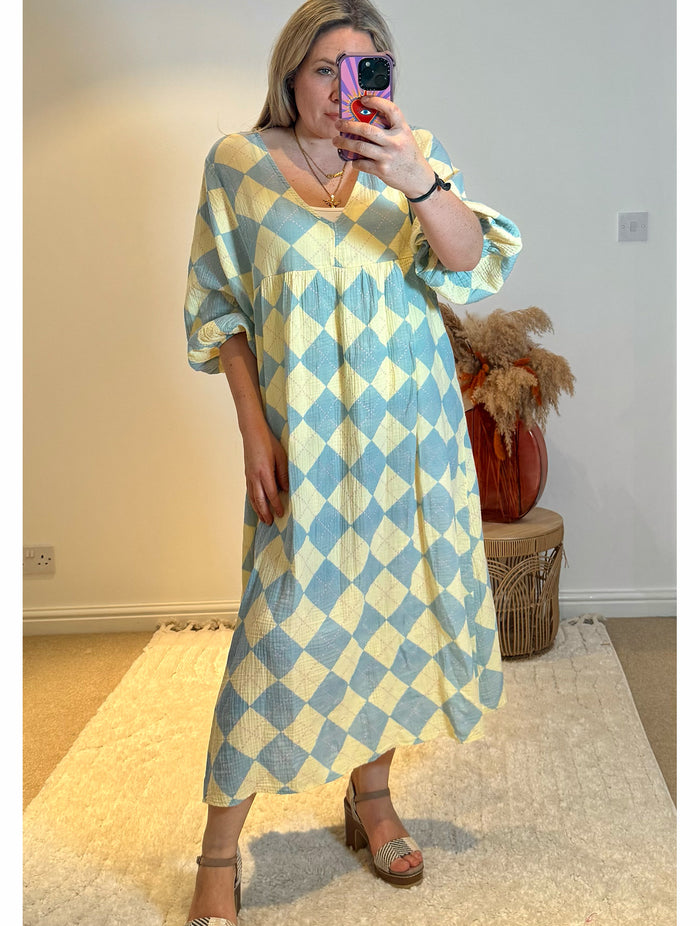 Checked Cheesecloth Long Smock Dress | Lemon/Pale Blue