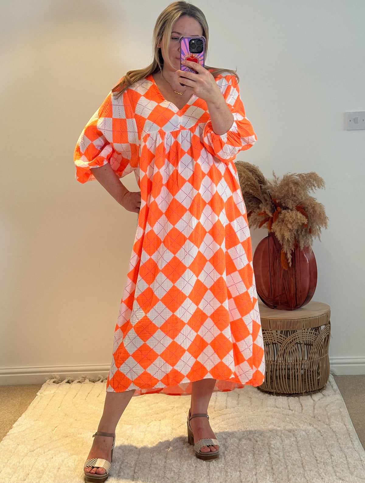 Checked Cheesecloth Long Smock Dress | Vibrant Orange