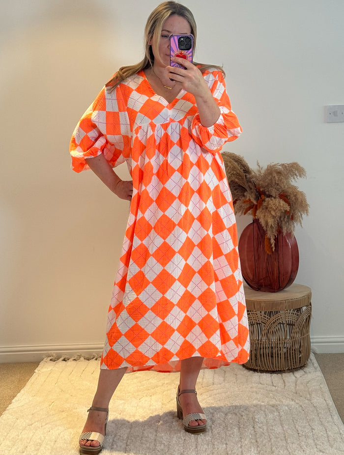 Checked Cheesecloth Long Smock Dress | Vibrant Orange