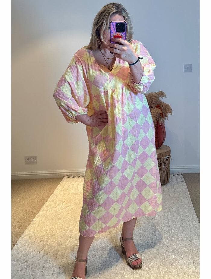 Checked Cheesecloth Long Smock Dress | Lemon/Pale Pink