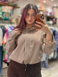 Checked Funnel Neck Lightweight Jacket | Chocolate