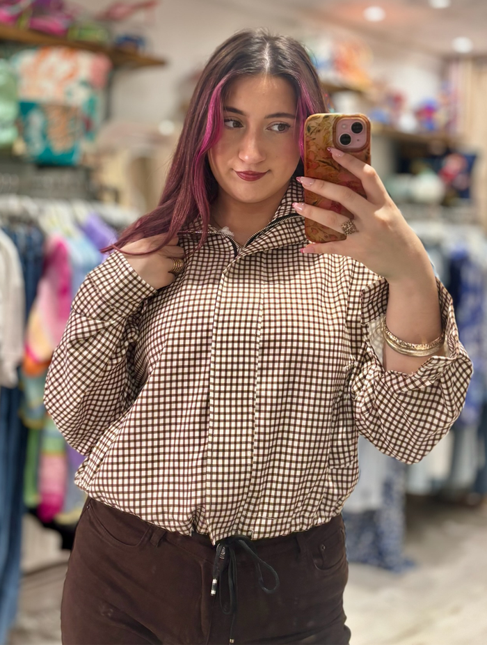 Checked Funnel Neck Lightweight Jacket | Chocolate