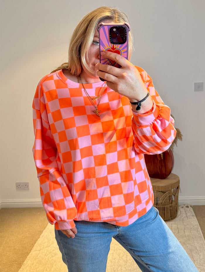 Checkerboard Relaxed Fit Sweatshirt | Orange/Pink