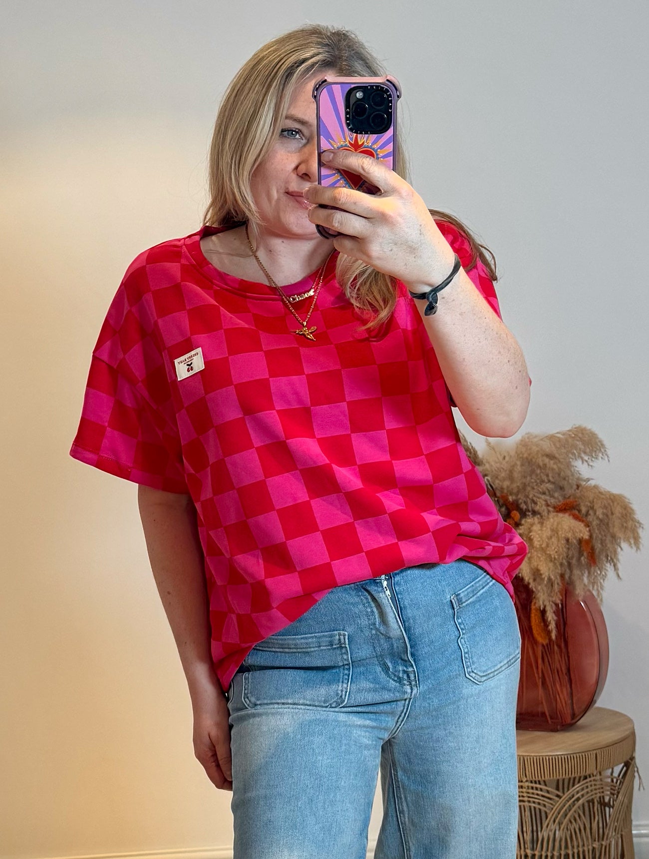 Checkerboard Short Sleeved Sweat | Red/Pink