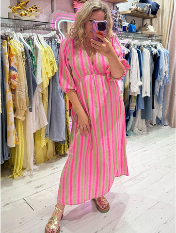 Striped Cotton Cheesecloth Midi Dress | Pink Multi