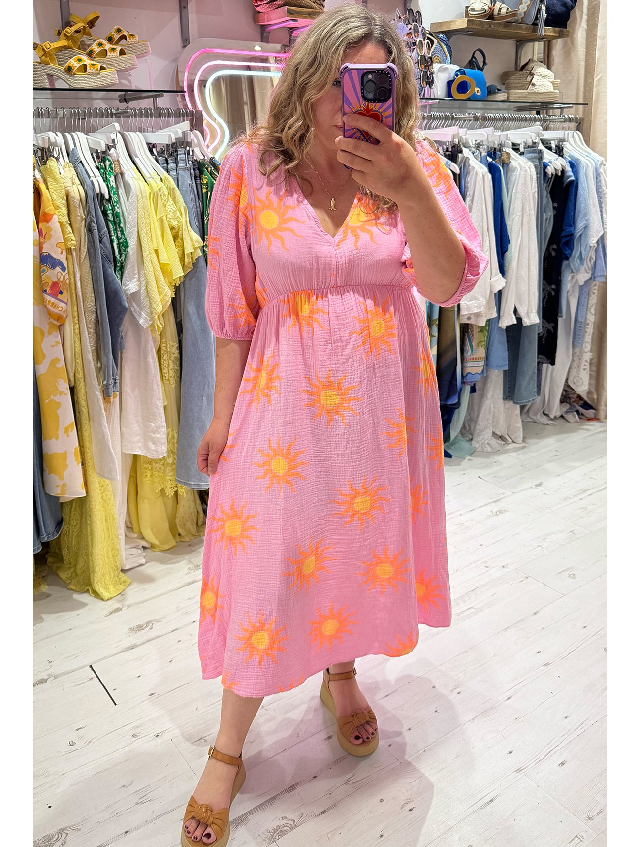 Sun Print Cotton Cheesecloth Midi Dress | Pink/Orange/Yellow