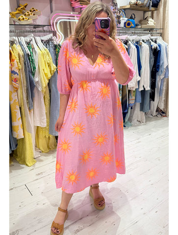 Sun Print Cotton Cheesecloth Midi Dress | Pink/Orange/Yellow