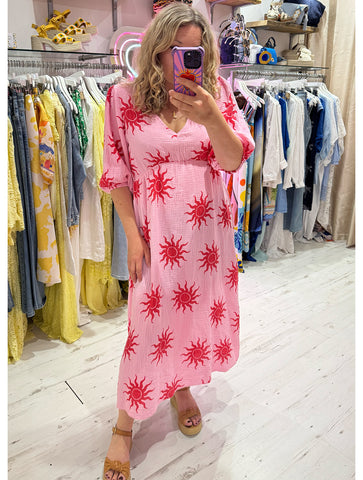 Sun Print Cotton Cheesecloth Midi Dress | Pink/Red