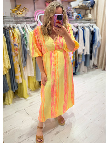 Aztec Print Cotton Cheesecloth Midi Dress | Yellow Multi