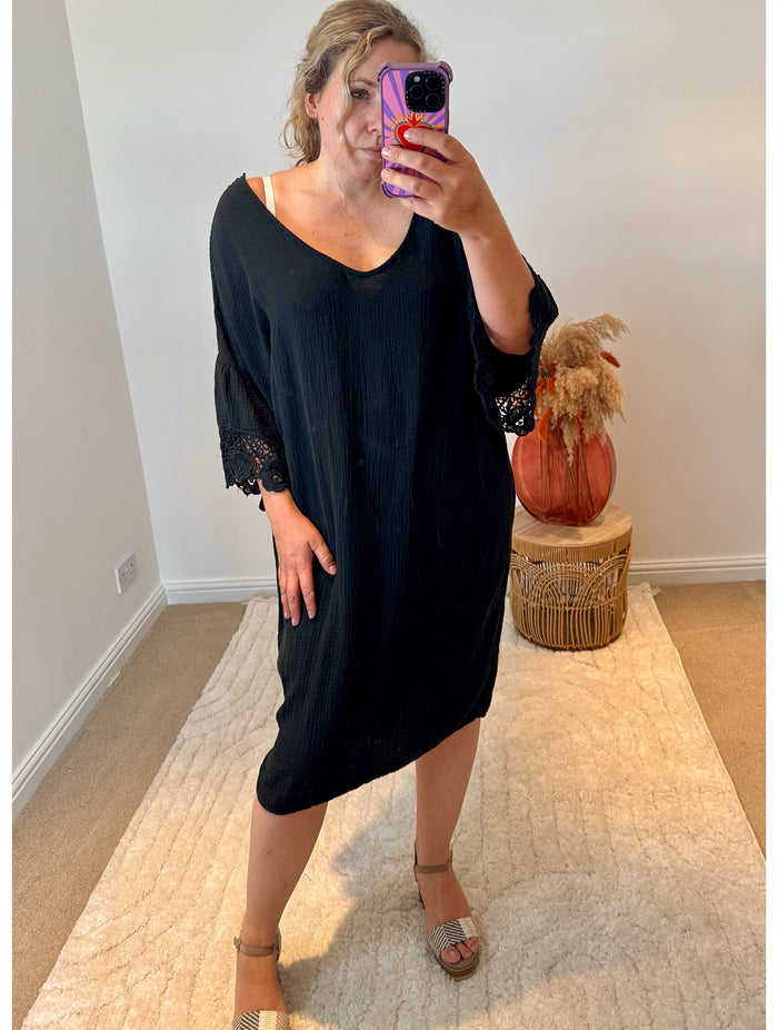 Cheesecloth Crochet Detail Dress/Cover Up | Black