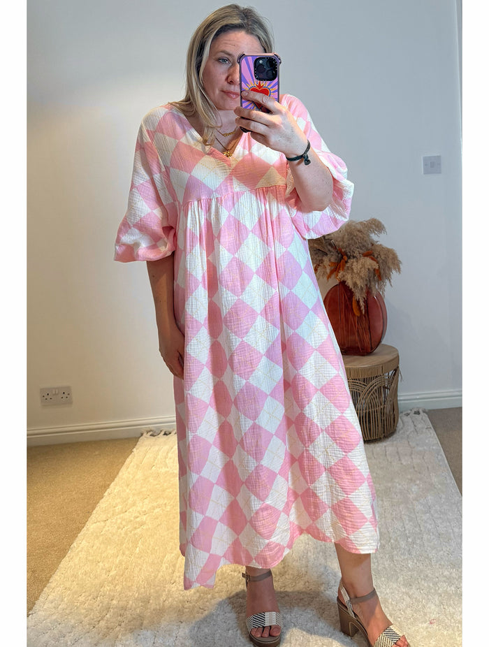 Checked Cheesecloth Long Smock Dress | Pale Pink