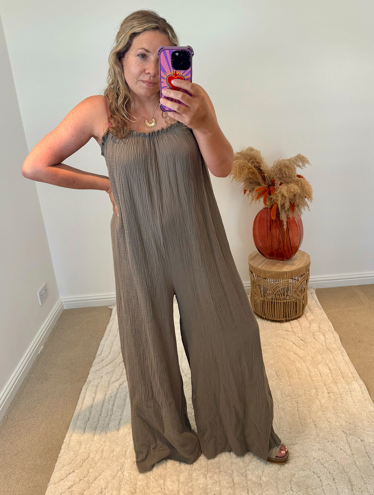 Wide Leg Cheesecloth Jumpsuit | Taupe