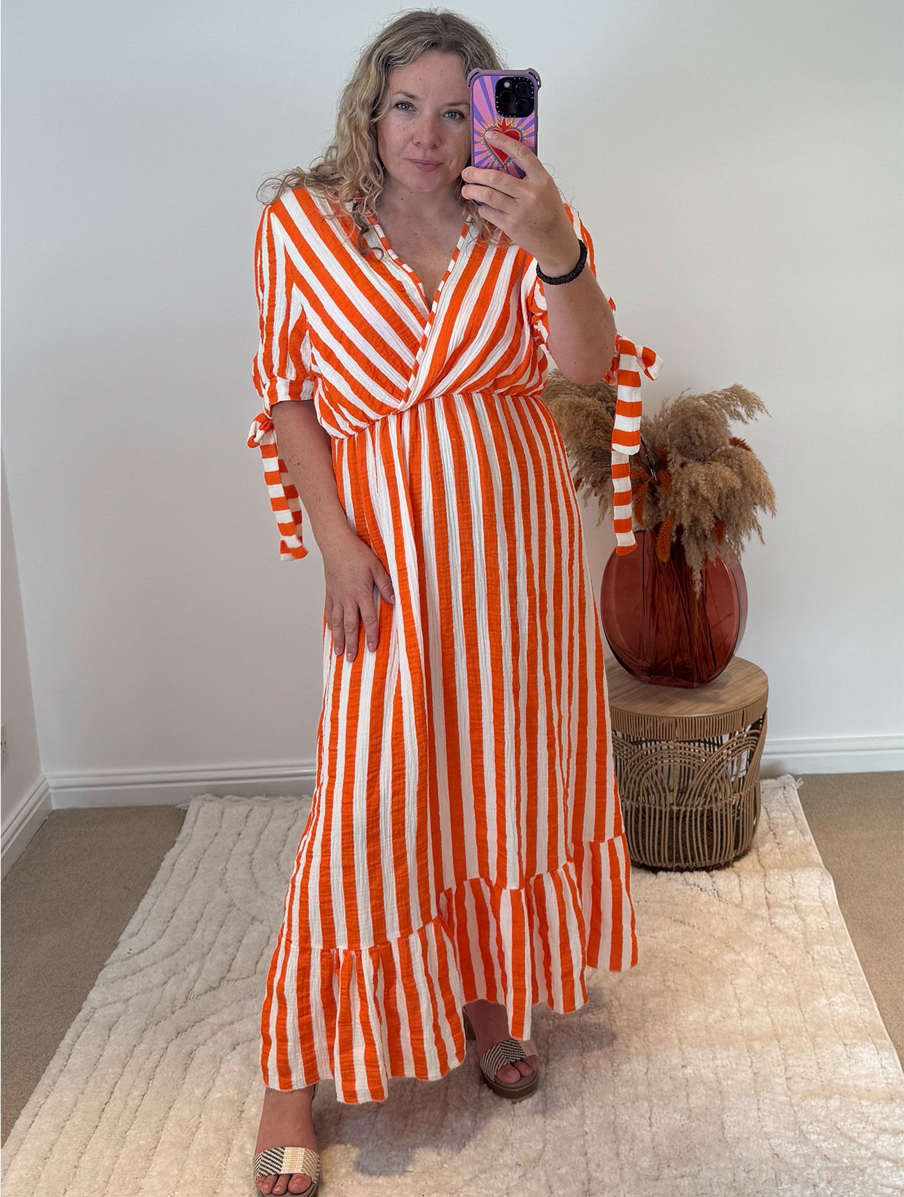 Striped Wrap Front Cheesecloth Maxi Dress | Orange/White
